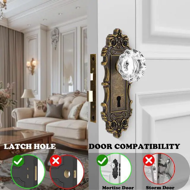 Alt view image 4 of 7 - Mortise Lock Set for Interior Door, Antique Brass Door Knobs with Lock and Skeleton Key, Vintage Door Handle Lock Replacement for Interior Doors, Antique Brass Finish