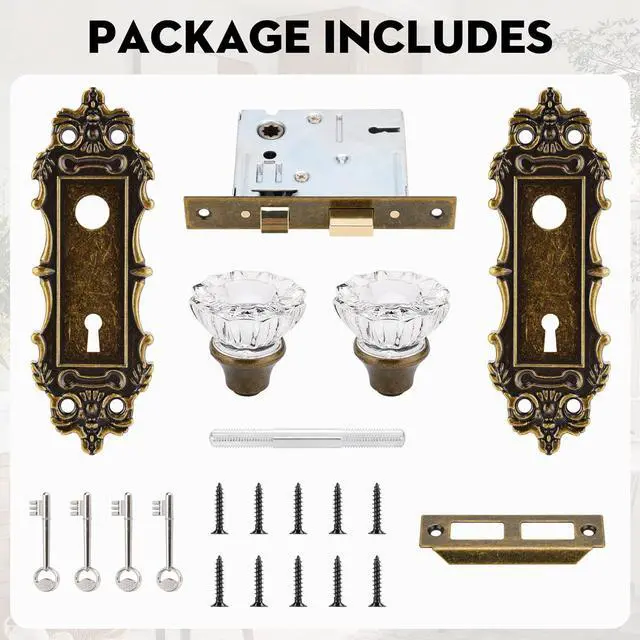 Alt view image 5 of 7 - Mortise Lock Set for Interior Door, Antique Brass Door Knobs with Lock and Skeleton Key, Vintage Door Handle Lock Replacement for Interior Doors, Antique Brass Finish