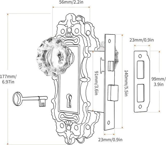 Alt view image 6 of 7 - Mortise Lock Set for Interior Door, Antique Brass Door Knobs with Lock and Skeleton Key, Vintage Door Handle Lock Replacement for Interior Doors, Antique Brass Finish