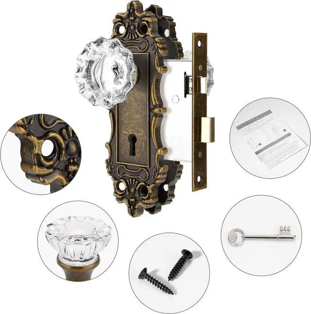 Alt view image 7 of 7 - Mortise Lock Set for Interior Door, Antique Brass Door Knobs with Lock and Skeleton Key, Vintage Door Handle Lock Replacement for Interior Doors, Antique Brass Finish