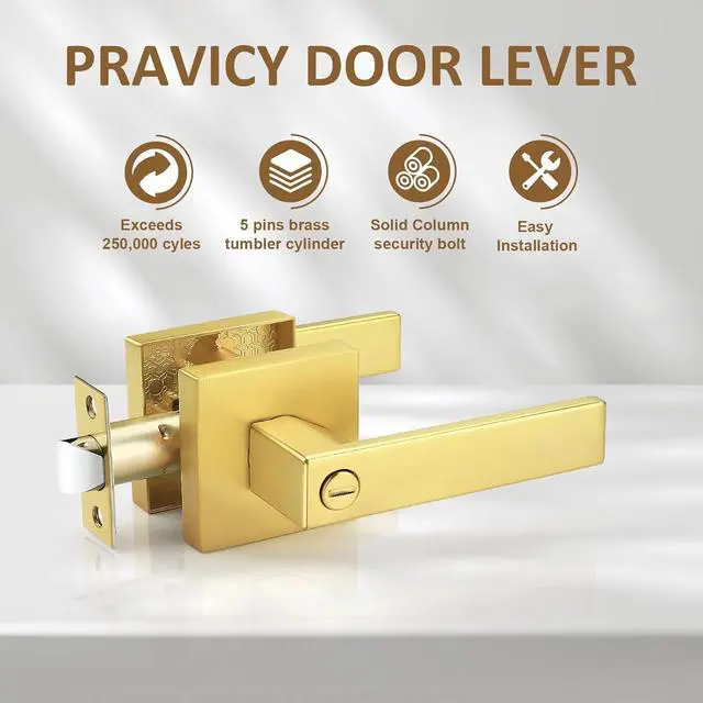 Alt view image 3 of 7 - Probrico 4 Pack Gold Privacy Door Handles,Heavy Duty Satin Brass Door Knobs with Lock for Bedroom and Bathroom,Square Interior Keyless Locksets