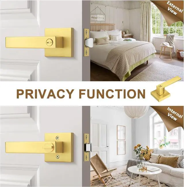 Alt view image 4 of 7 - Probrico 4 Pack Gold Privacy Door Handles,Heavy Duty Satin Brass Door Knobs with Lock for Bedroom and Bathroom,Square Interior Keyless Locksets