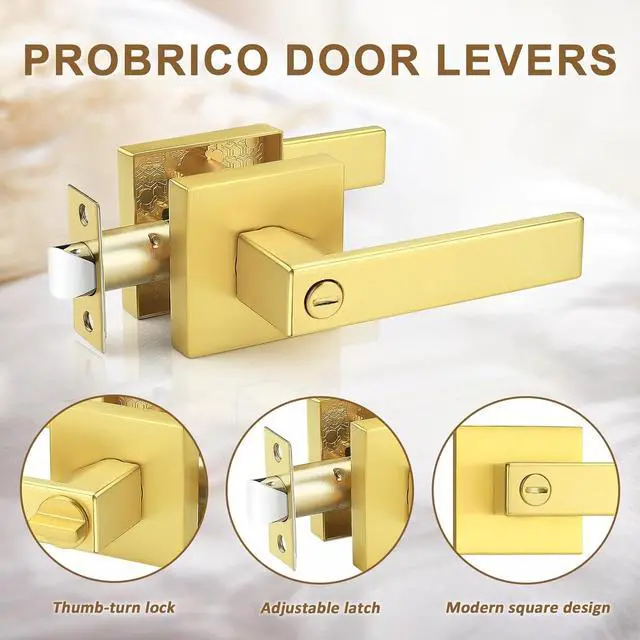Alt view image 5 of 7 - Probrico 4 Pack Gold Privacy Door Handles,Heavy Duty Satin Brass Door Knobs with Lock for Bedroom and Bathroom,Square Interior Keyless Locksets