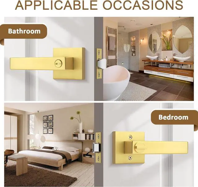 Alt view image 2 of 7 - Probrico 4 Pack Gold Privacy Door Handles,Heavy Duty Satin Brass Door Knobs with Lock for Bedroom and Bathroom,Square Interior Keyless Locksets