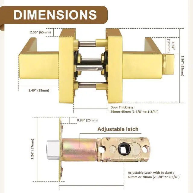 Alt view image 6 of 7 - Probrico 4 Pack Gold Privacy Door Handles,Heavy Duty Satin Brass Door Knobs with Lock for Bedroom and Bathroom,Square Interior Keyless Locksets