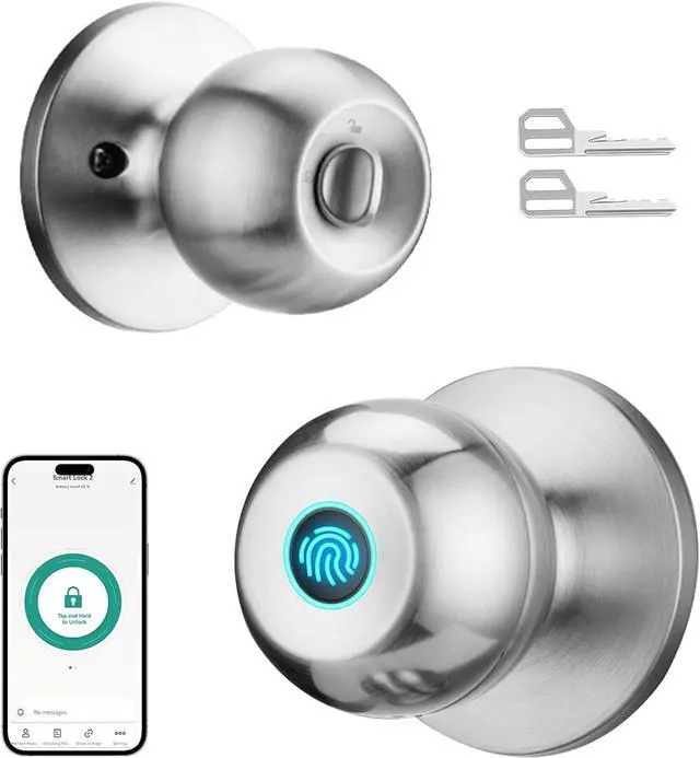 Main image of Fingerprint Door Lock, Smart Door Knob with Lock, Biometric Door Lock with App Control & Key, Keyless Door Locks for Bedrooms, Front Door, Home, Finger Print Door Knobs Satin Nickel, 1 Pack