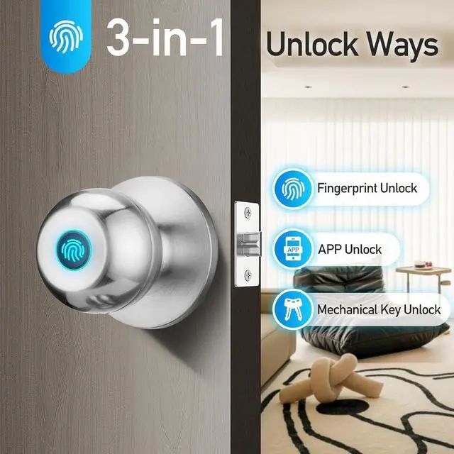 Alt view image 3 of 7 - Fingerprint Door Lock, Smart Door Knob with Lock, Biometric Door Lock with App Control & Key, Keyless Door Locks for Bedrooms, Front Door, Home, Finger Print Door Knobs Satin Nickel, 1 Pack