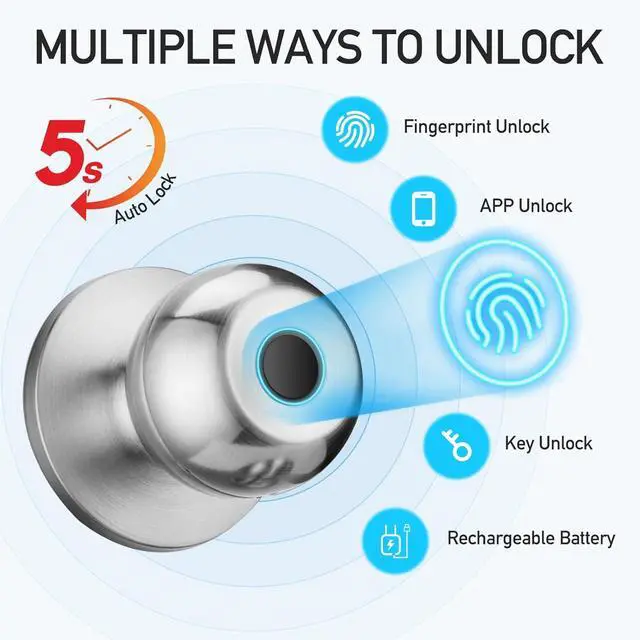 Alt view image 2 of 7 - Fingerprint Door Lock, Smart Door Knob with Lock, Biometric Door Lock with App Control & Key, Keyless Door Locks for Bedrooms, Front Door, Home, Finger Print Door Knobs Satin Nickel, 1 Pack