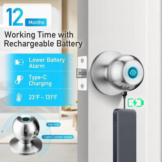 Alt view image 5 of 7 - Fingerprint Door Lock, Smart Door Knob with Lock, Biometric Door Lock with App Control & Key, Keyless Door Locks for Bedrooms, Front Door, Home, Finger Print Door Knobs Satin Nickel, 1 Pack