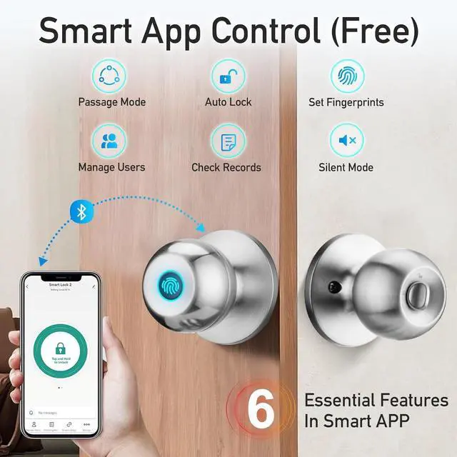 Alt view image 6 of 7 - Fingerprint Door Lock, Smart Door Knob with Lock, Biometric Door Lock with App Control & Key, Keyless Door Locks for Bedrooms, Front Door, Home, Finger Print Door Knobs Satin Nickel, 1 Pack
