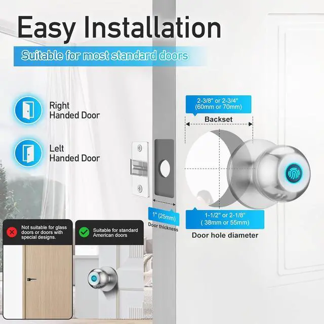 Alt view image 7 of 7 - Fingerprint Door Lock, Smart Door Knob with Lock, Biometric Door Lock with App Control & Key, Keyless Door Locks for Bedrooms, Front Door, Home, Finger Print Door Knobs Satin Nickel, 1 Pack