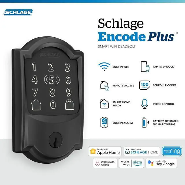 Alt view image 2 of 7 - Schlage BE499WB CAM 622 Encode Plus WiFi Deadbolt Smart Lock, Keyless Entry Touchscreen Door Lock with Camelot Trim, Matte Black