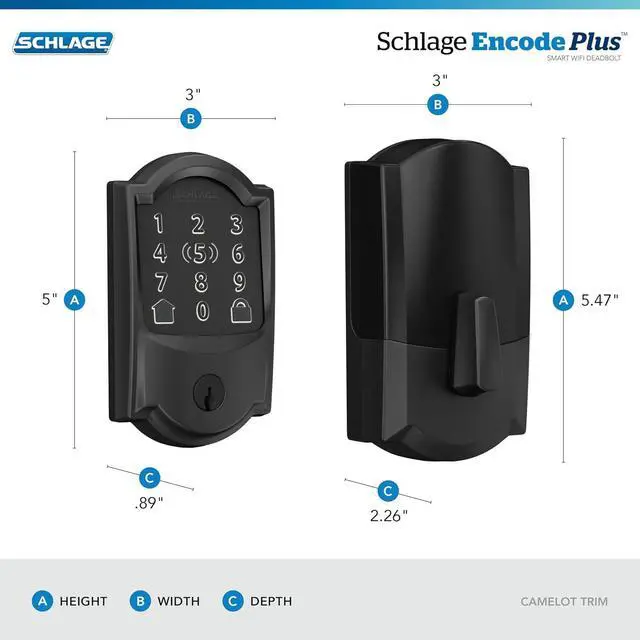 Alt view image 3 of 7 - Schlage BE499WB CAM 622 Encode Plus WiFi Deadbolt Smart Lock, Keyless Entry Touchscreen Door Lock with Camelot Trim, Matte Black