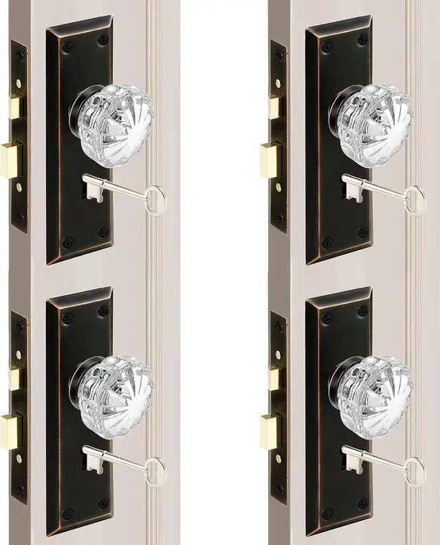 Main image of Antique Mortise Keyed Lock Set with Fluted Glass Knobs and Skeleton Keys, Fits 1-3/8"-1-3/4" Interior Doors, Backset 2-3/8", Oil Rubbed Bronze, 4 Pack