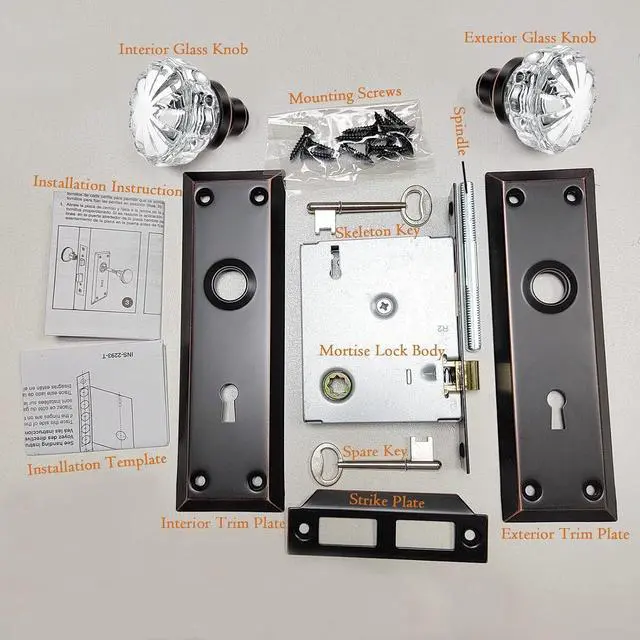 Alt view image 4 of 7 - Antique Mortise Keyed Lock Set with Fluted Glass Knobs and Skeleton Keys, Fits 1-3/8"-1-3/4" Interior Doors, Backset 2-3/8", Oil Rubbed Bronze, 4 Pack