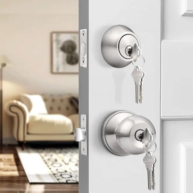 Alt view image 4 of 7 - Probrico 4 Pack Keyed Alike Entry Handlset with Single Cylinder Deadbolts Combo Pack, Satin Nickel Door Knob for Front and Entrance Door, Interior and Exterior Entry Door Levers Brushed Nickel