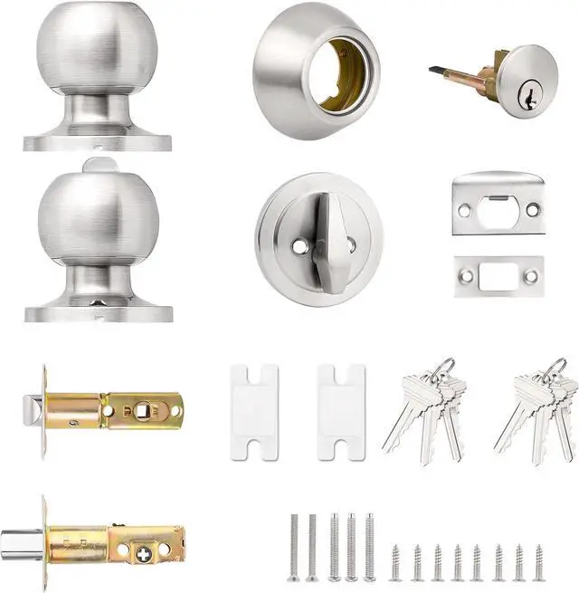 Alt view image 3 of 7 - Probrico 4 Pack Keyed Alike Entry Handlset with Single Cylinder Deadbolts Combo Pack, Satin Nickel Door Knob for Front and Entrance Door, Interior and Exterior Entry Door Levers Brushed Nickel
