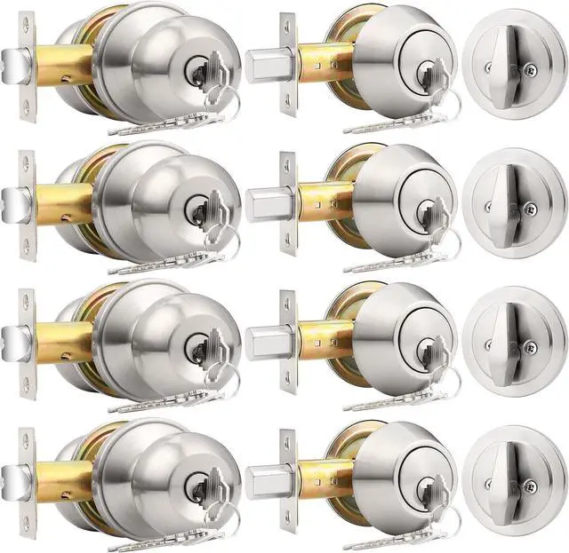 Main image of Probrico 4 Pack Keyed Alike Entry Handlset with Single Cylinder Deadbolts Combo Pack, Satin Nickel Door Knob for Front and Entrance Door, Interior and Exterior Entry Door Levers Brushed Nickel