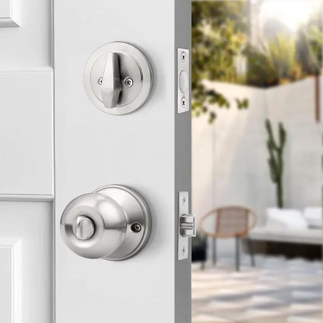 Alt view image 5 of 7 - Probrico 4 Pack Keyed Alike Entry Handlset with Single Cylinder Deadbolts Combo Pack, Satin Nickel Door Knob for Front and Entrance Door, Interior and Exterior Entry Door Levers Brushed Nickel