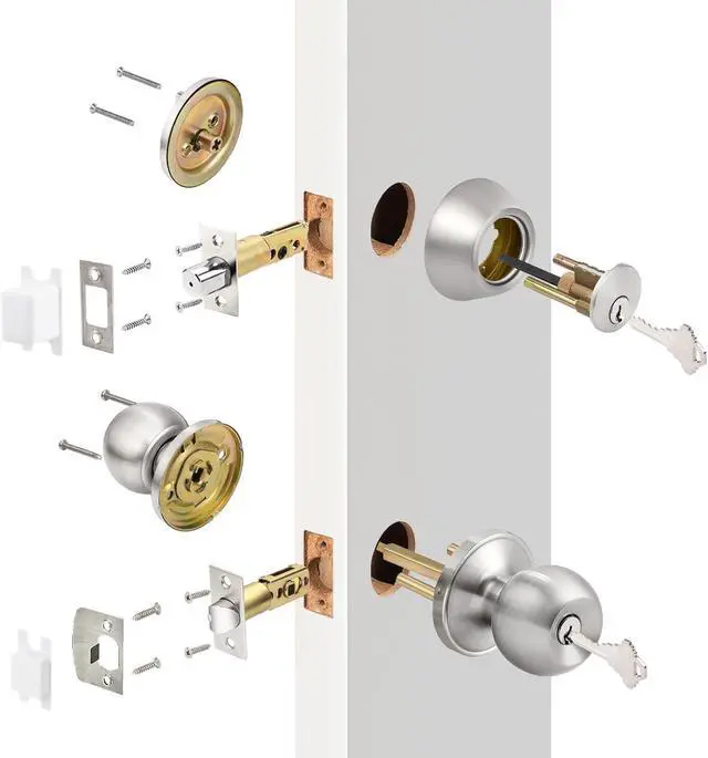 Alt view image 6 of 7 - Probrico 4 Pack Keyed Alike Entry Handlset with Single Cylinder Deadbolts Combo Pack, Satin Nickel Door Knob for Front and Entrance Door, Interior and Exterior Entry Door Levers Brushed Nickel