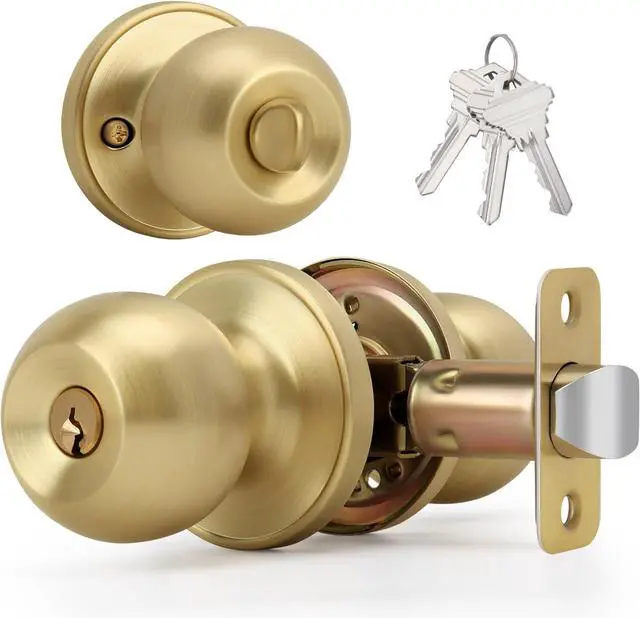 Main image of Brushed Gold Ball Design Door Knob with Keys and Lock, Keyed Entry Round Shaped Doorknob for Front/Entrance Doors, Satin Brass Finish