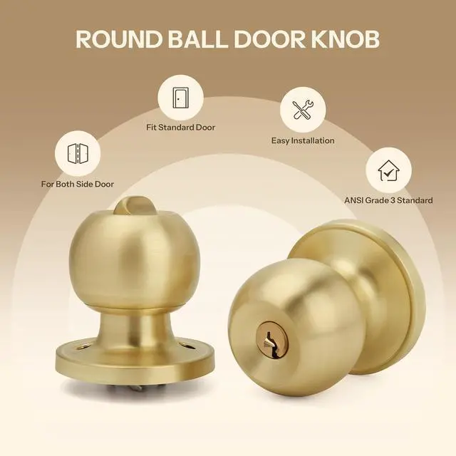 Alt view image 2 of 7 - Brushed Gold Ball Design Door Knob with Keys and Lock, Keyed Entry Round Shaped Doorknob for Front/Entrance Doors, Satin Brass Finish