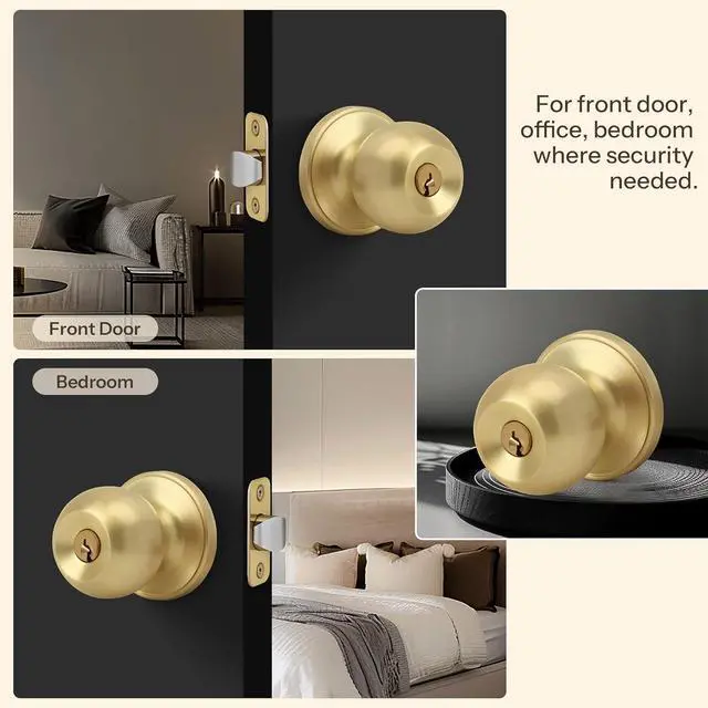 Alt view image 4 of 7 - Brushed Gold Ball Design Door Knob with Keys and Lock, Keyed Entry Round Shaped Doorknob for Front/Entrance Doors, Satin Brass Finish
