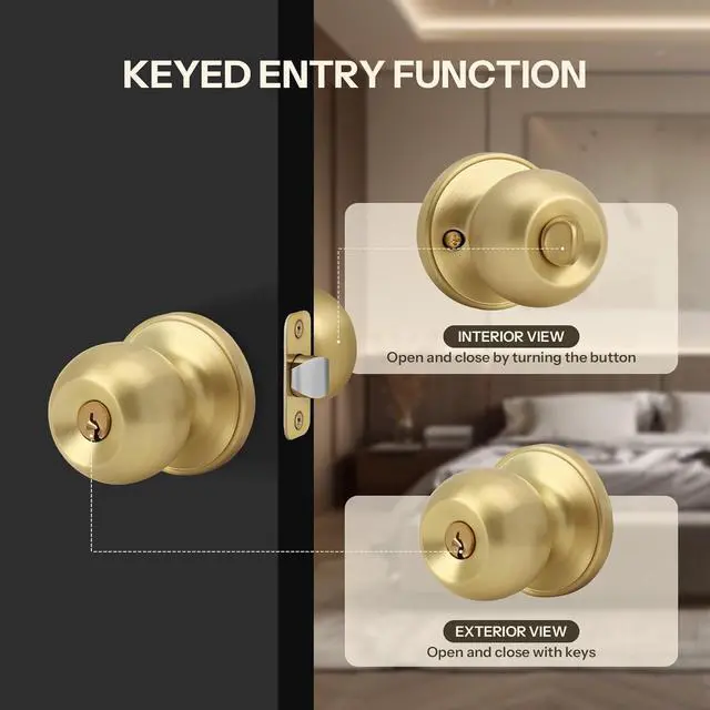 Alt view image 5 of 7 - Brushed Gold Ball Design Door Knob with Keys and Lock, Keyed Entry Round Shaped Doorknob for Front/Entrance Doors, Satin Brass Finish