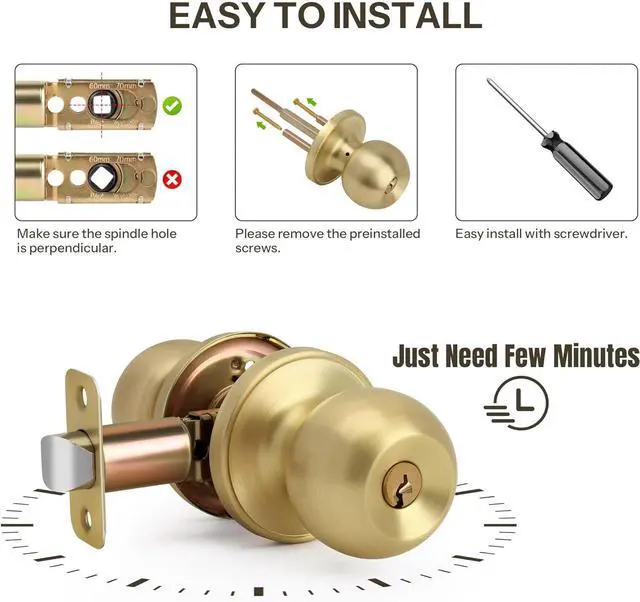 Alt view image 6 of 7 - Brushed Gold Ball Design Door Knob with Keys and Lock, Keyed Entry Round Shaped Doorknob for Front/Entrance Doors, Satin Brass Finish