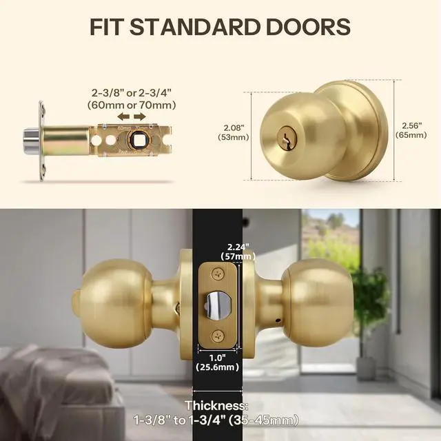 Alt view image 7 of 7 - Brushed Gold Ball Design Door Knob with Keys and Lock, Keyed Entry Round Shaped Doorknob for Front/Entrance Doors, Satin Brass Finish