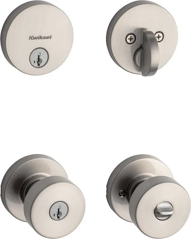 Main image of Kwikset 991 Pismo Keyed Entry Knob and Single Cylinder Deadbolt Combo Pack Featuring SmartKey and Microban in Satin Nickel