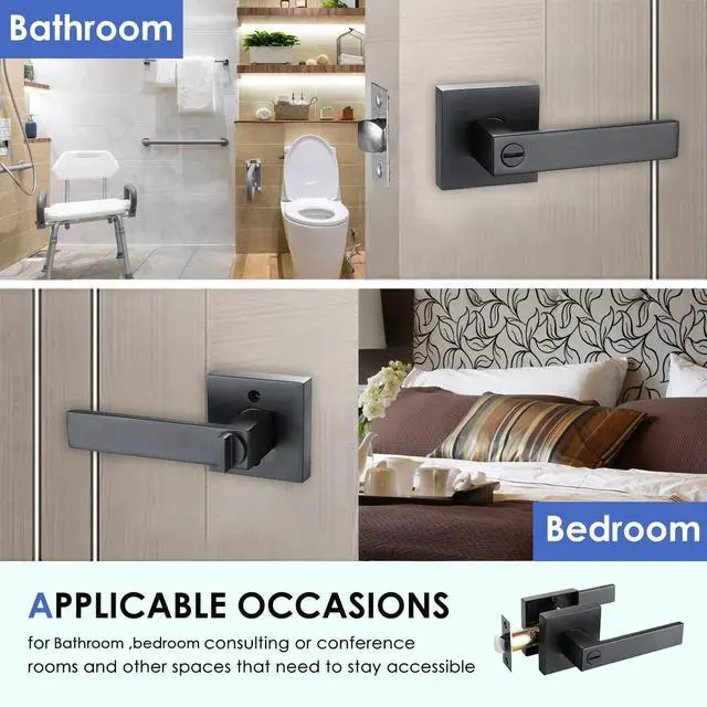 Alt view image 3 of 7 - Bath Room Door Lock for Privacy with Solid Heavy Duty Square Door Lever Made from Zinc Alloy and Matte Black Finished,Golingda3503-BM-BK-6P
