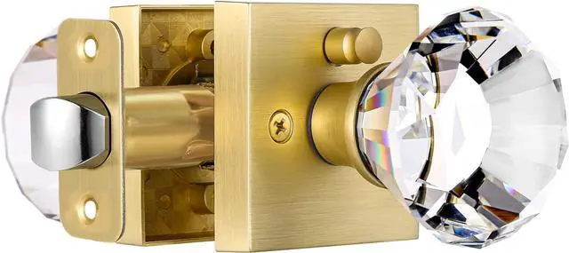 Main image of Square Glass Crystal Interior, Bedroom and Bathroom Privacy Gold Door Knobs with Lock, Satin Brass Door Knobs Set, Diamond Shape Keyless, BS-007