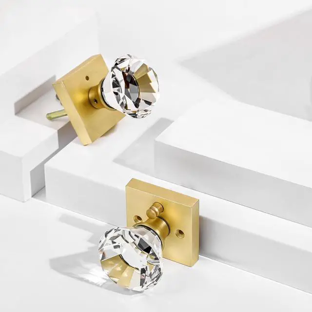 Alt view image 2 of 7 - Square Glass Crystal Interior, Bedroom and Bathroom Privacy Gold Door Knobs with Lock, Satin Brass Door Knobs Set, Diamond Shape Keyless, BS-007