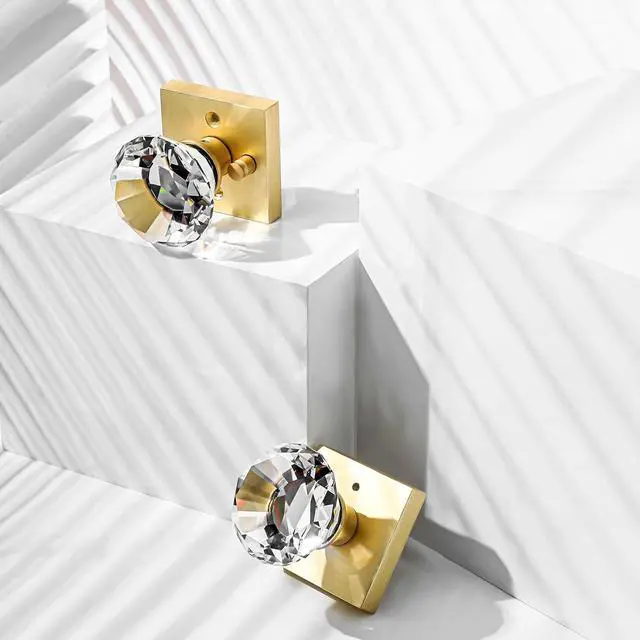 Alt view image 4 of 7 - Square Glass Crystal Interior, Bedroom and Bathroom Privacy Gold Door Knobs with Lock, Satin Brass Door Knobs Set, Diamond Shape Keyless, BS-007