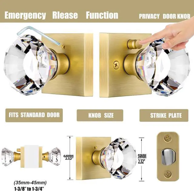Alt view image 3 of 7 - Square Glass Crystal Interior, Bedroom and Bathroom Privacy Gold Door Knobs with Lock, Satin Brass Door Knobs Set, Diamond Shape Keyless, BS-007