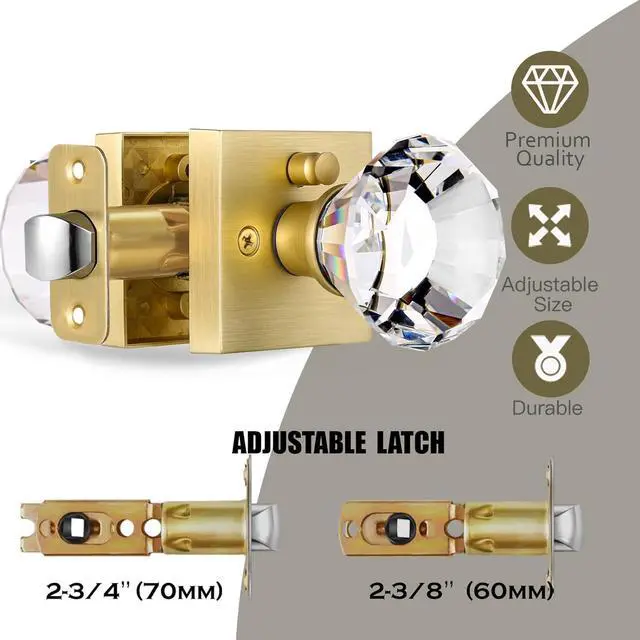 Alt view image 5 of 7 - Square Glass Crystal Interior, Bedroom and Bathroom Privacy Gold Door Knobs with Lock, Satin Brass Door Knobs Set, Diamond Shape Keyless, BS-007