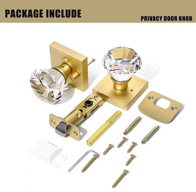 Alt view image 6 of 7 - Square Glass Crystal Interior, Bedroom and Bathroom Privacy Gold Door Knobs with Lock, Satin Brass Door Knobs Set, Diamond Shape Keyless, BS-007