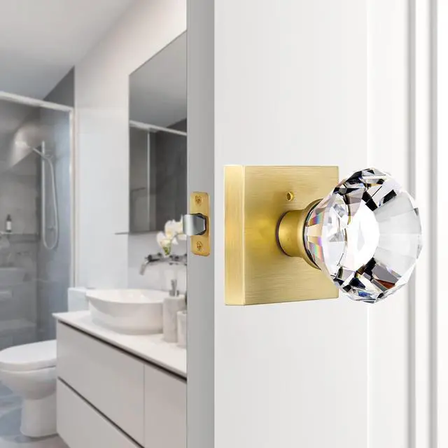 Alt view image 7 of 7 - Square Glass Crystal Interior, Bedroom and Bathroom Privacy Gold Door Knobs with Lock, Satin Brass Door Knobs Set, Diamond Shape Keyless, BS-007