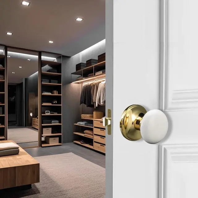 Alt view image 2 of 6 - NCL White Door Knobs, Polished Brass Keyless Door Handles, Porcelain Door Levers, Interior Bath Door Knob