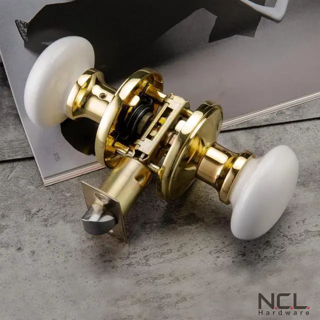 Alt view image 4 of 6 - NCL White Door Knobs, Polished Brass Keyless Door Handles, Porcelain Door Levers, Interior Bath Door Knob