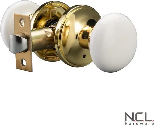 Alt view image 6 of 6 - NCL White Door Knobs, Polished Brass Keyless Door Handles, Porcelain Door Levers, Interior Bath Door Knob