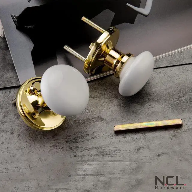 Alt view image 5 of 6 - NCL White Door Knobs, Polished Brass Keyless Door Handles, Porcelain Door Levers, Interior Bath Door Knob
