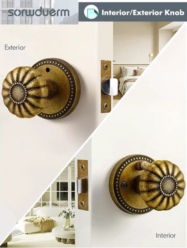 Alt view image 5 of 7 - Antique Brass Door Knobs Interior Privacy Door Knob with Lock for Bedroom and Bathroom,Zinc Alloy 2 Pack