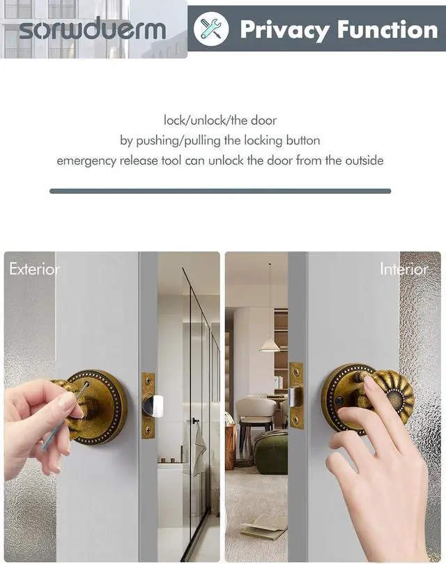 Alt view image 6 of 7 - Antique Brass Door Knobs Interior Privacy Door Knob with Lock for Bedroom and Bathroom,Zinc Alloy 2 Pack