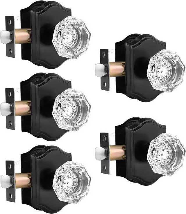Main image of 5 Pack Clear Crystal Door Knobs,Diamond Glass Passage Door Handles Locks for Closet Hallway,Keyless Interior Door Knob with Matte Black Rosette