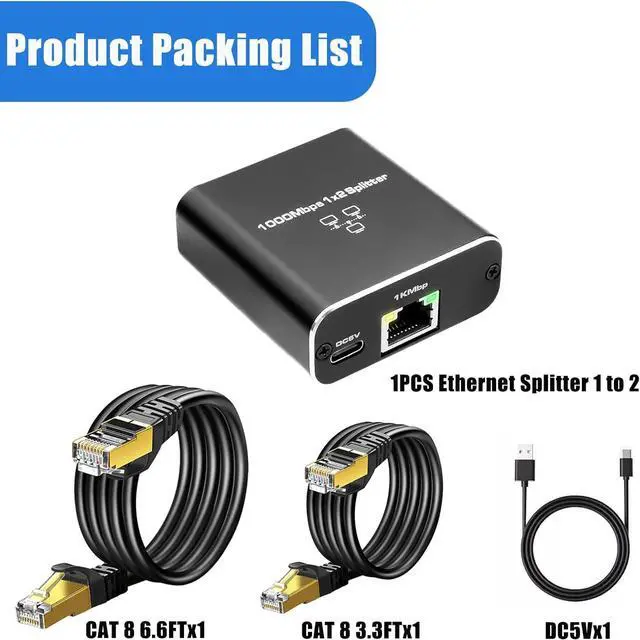 Alt view image 2 of 7 - Ethernet Splitter 1 to 2, Kit with 2 Cat8 Cables (3FT & 6FT), 1000Mbps High-Speed Gigabit LAN RJ45 Splitter Adapter for Router, Switch, Modem  Compatible with Cat6/7/8 Cables