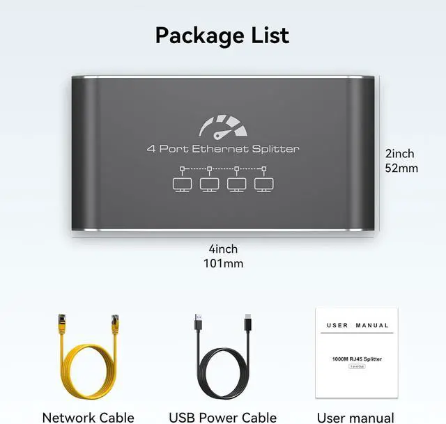 Alt view image 7 of 7 - Ethernet Splitter 1 to 4 1000Mbps High Speed Internet Splitter, Gigabit Network Splitter with an Ethernet Cable and a USB Power Cable, 1 in 4 Out LAN RJ45 Splitter Work with Cat 6/7/8 Cable