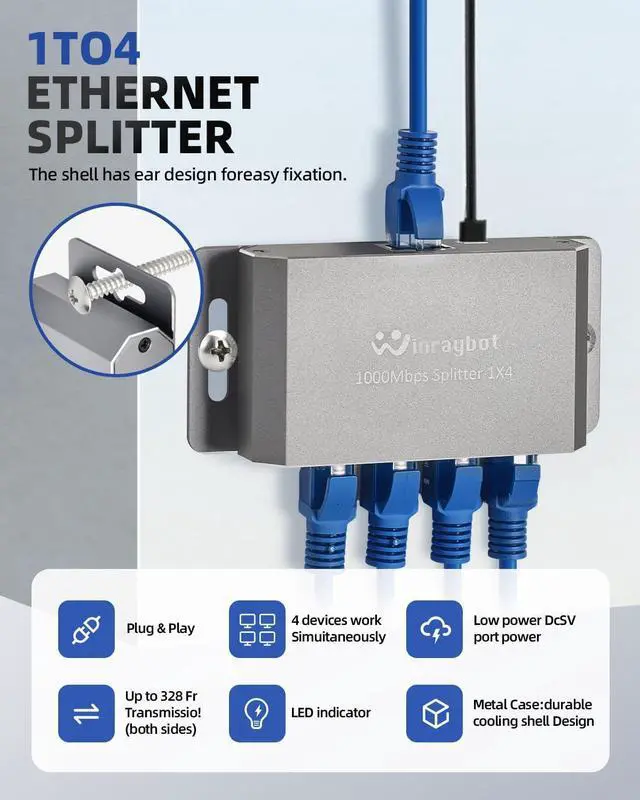 Alt view image 3 of 7 - Ethernet Splitter,Ethernet Switch 4 Port,Network switches fixable,Computer Networking switches,gigabit 4 Port switcheEthernet Cable Splitter 1000Mbps Plug & Play Desktop or Wall Mount
