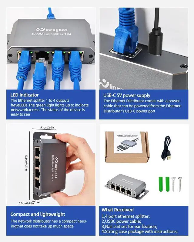 Alt view image 6 of 7 - Ethernet Splitter,Ethernet Switch 4 Port,Network switches fixable,Computer Networking switches,gigabit 4 Port switcheEthernet Cable Splitter 1000Mbps Plug & Play Desktop or Wall Mount